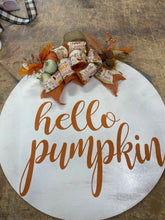 Load image into Gallery viewer, Hello pumpkin wooden fall door hanger sign 21”