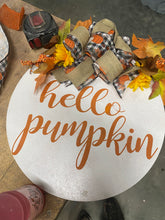 Load image into Gallery viewer, Hello pumpkin wooden fall door hanger sign 21”