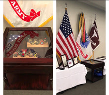 Load image into Gallery viewer, military display table - military retirement gift - flag display table - flag holder table - rustic shadow box tables - Knot In Your House