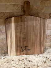 Load image into Gallery viewer, Personalized acacia wood cutting board with handle / charcuterie boards
