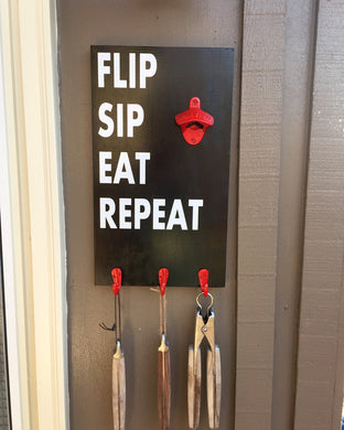 BBQ Utensil Holder Sign Deck Patio Flip Sip Eat Repeat Wood Sign Gift for Dad Husband Grill Master Fathers Day - Knot In Your House